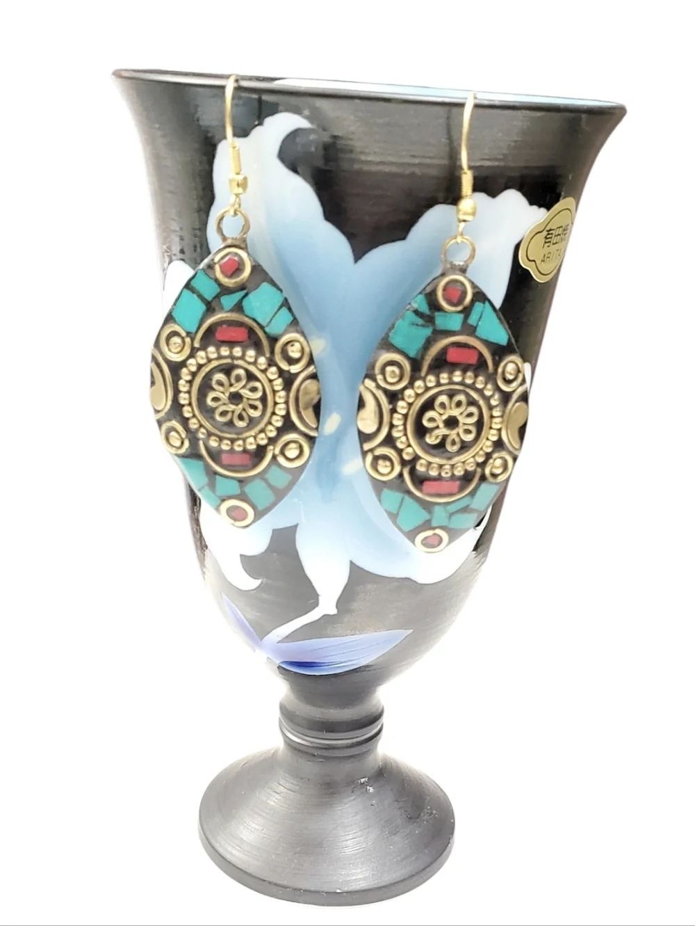 Tibetan Style Blue & Red Turquoise Dangle Earrings - Picture 1 of 6